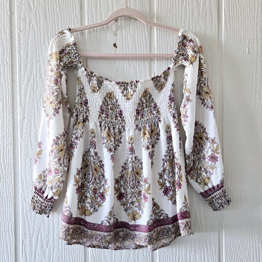 Show Me Your MuMu Raquel Floral Paisley Smocked Off The Shoulder Peasant Top XS - Picture 2 of 6